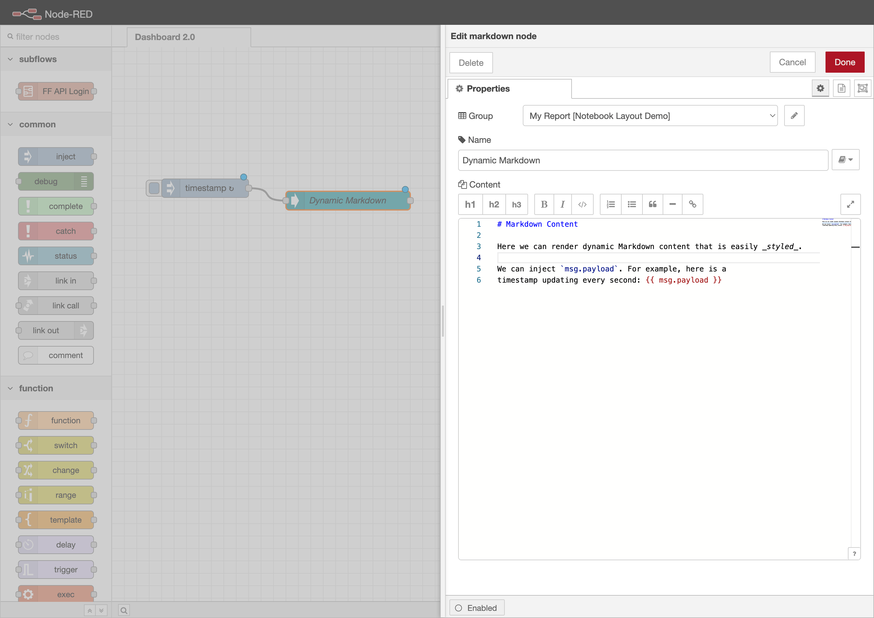 Screenshot to show how an inject node can drive content of a ui-markdown node